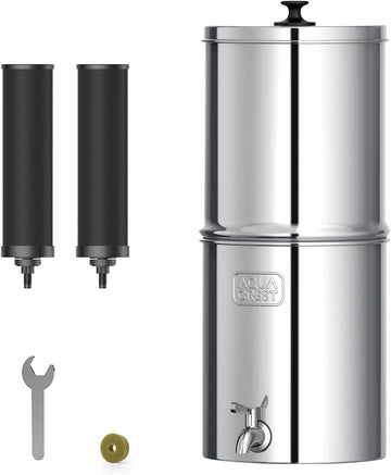 AQUA CREST TN-A Gravity Water Filter System, NSF/ANSI 42&372 Certified Black Carbon Filters, Reduce Lead and Chlorine, Stainless Steel Water System for Home, Camping, Emergencies, 2.25G