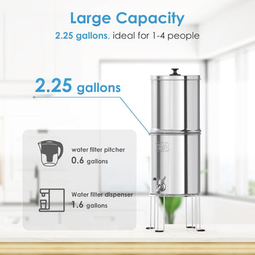 AQUA CREST TN-A-FS Gravity Water Filter System, NSF/ANSI 42&372 Certified Filters of 4, Reduce Fluoride and Chlorine, Stainless Steel Water System for Home, Emergencies, 2.25G