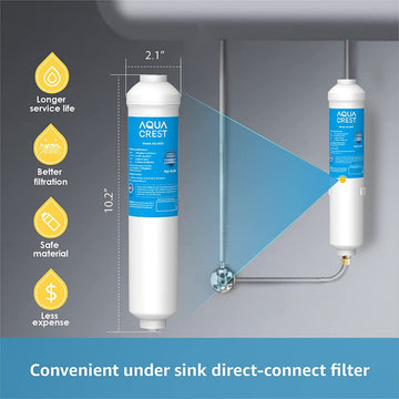 AQUACREST 5KDC Inline Water Filter for Under Sink, Refrigerator, Ice Maker, Stainless Steel Hose Direct Connect Fittings