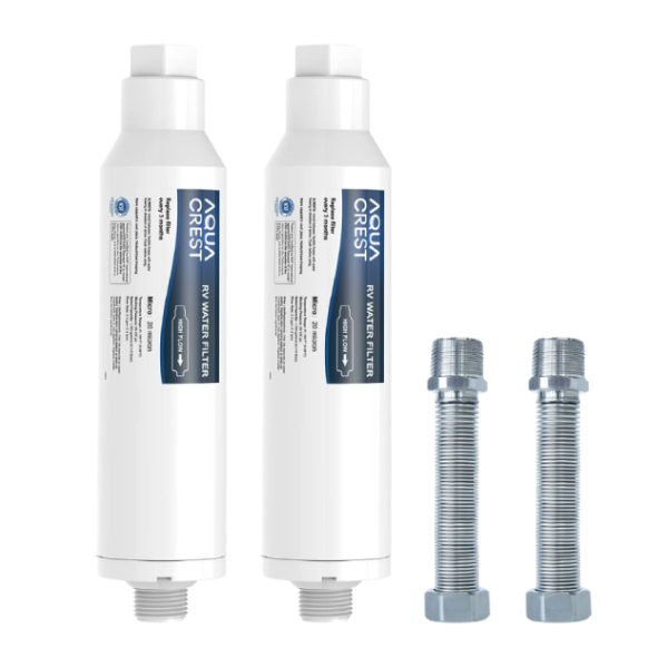 AQUACREST  RV Inline Water Filter with 1 Flexible Hose Protector, NSF Certified, Reduces Chlorine, Bad Taste&Odor for RVs and Marines